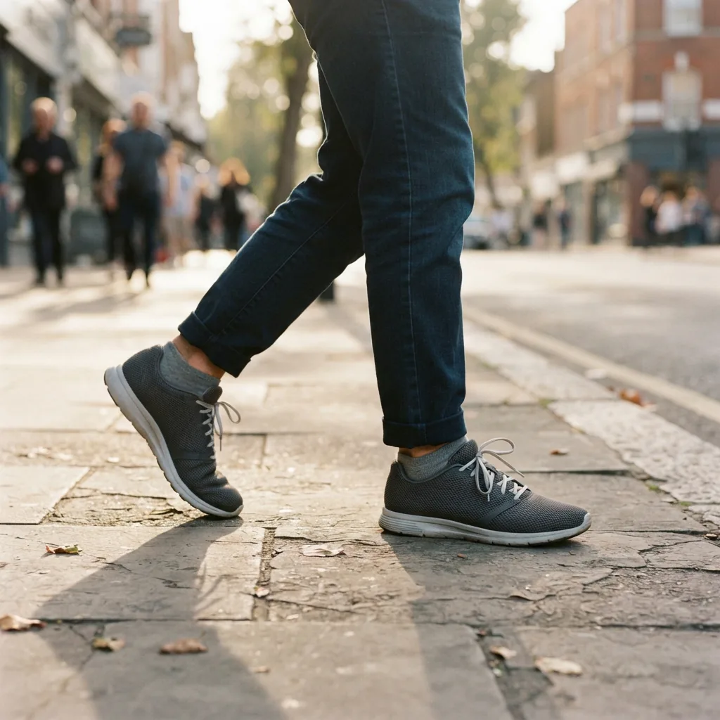 One adult's legs and feet in unbranded running shoes walking along a city sidewalk