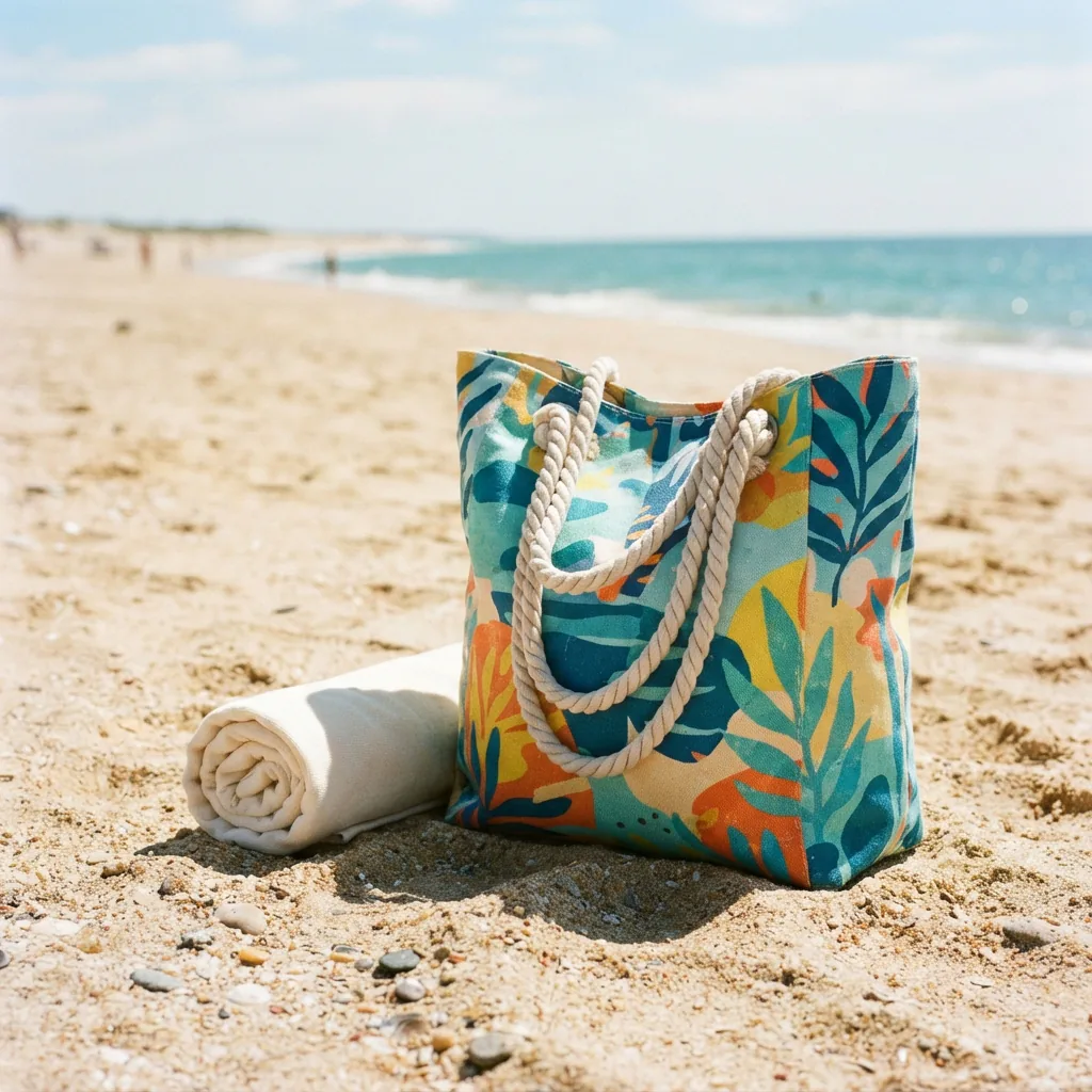 Roomy printed beach tote with a towel on sandy ground