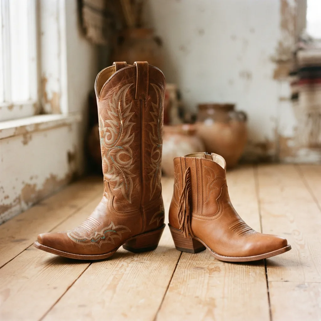 Tall cowboy boot and short cowboy bootie standing side by side for comparison
