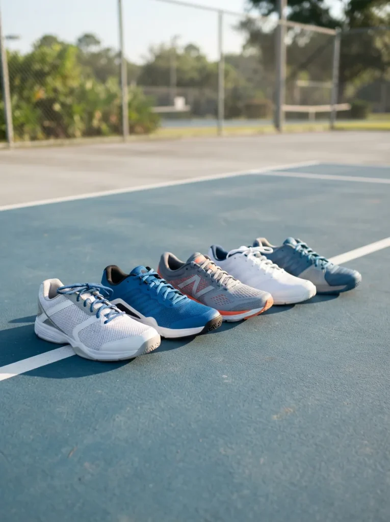 Assortment of unbranded tennis shoes arranged on a sunlit outdoor hard court