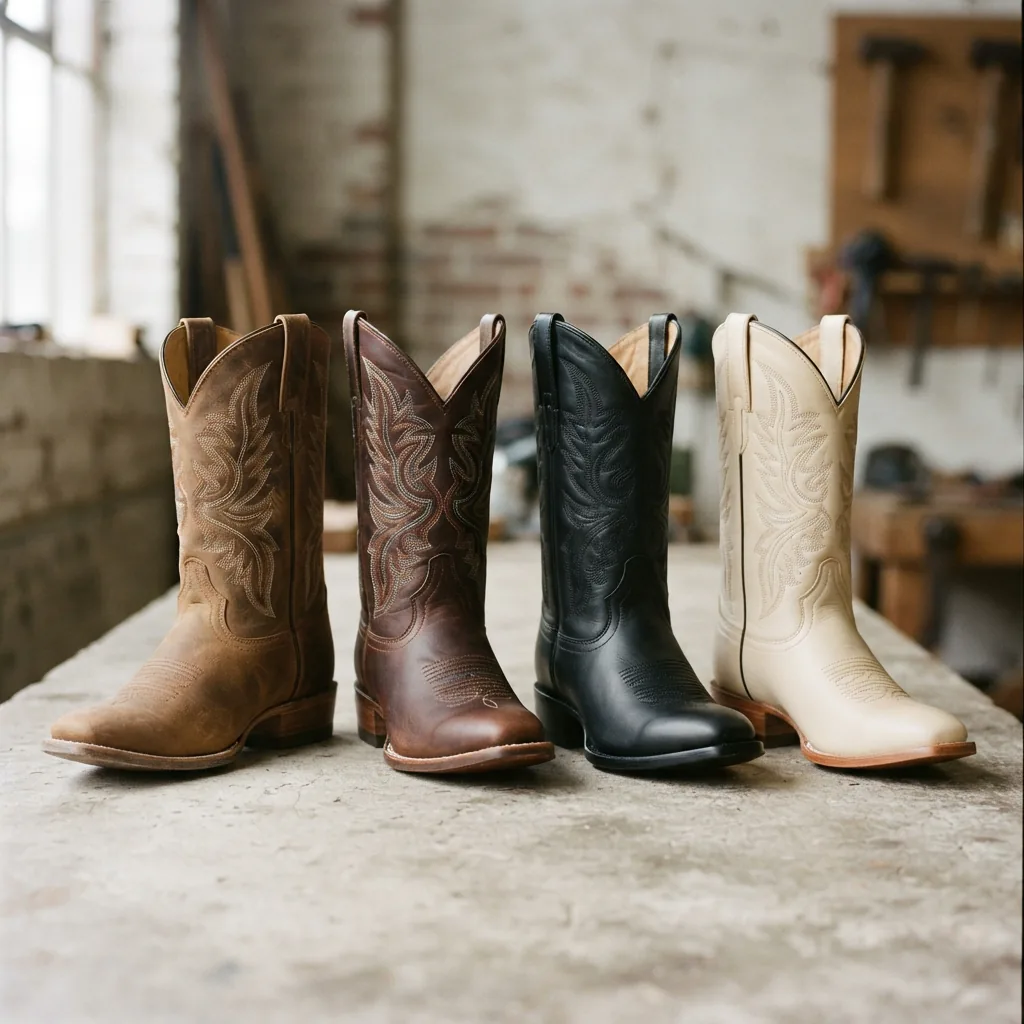 Cowboy boots in tan, dark brown, black and cream leather lined up for tone comparison