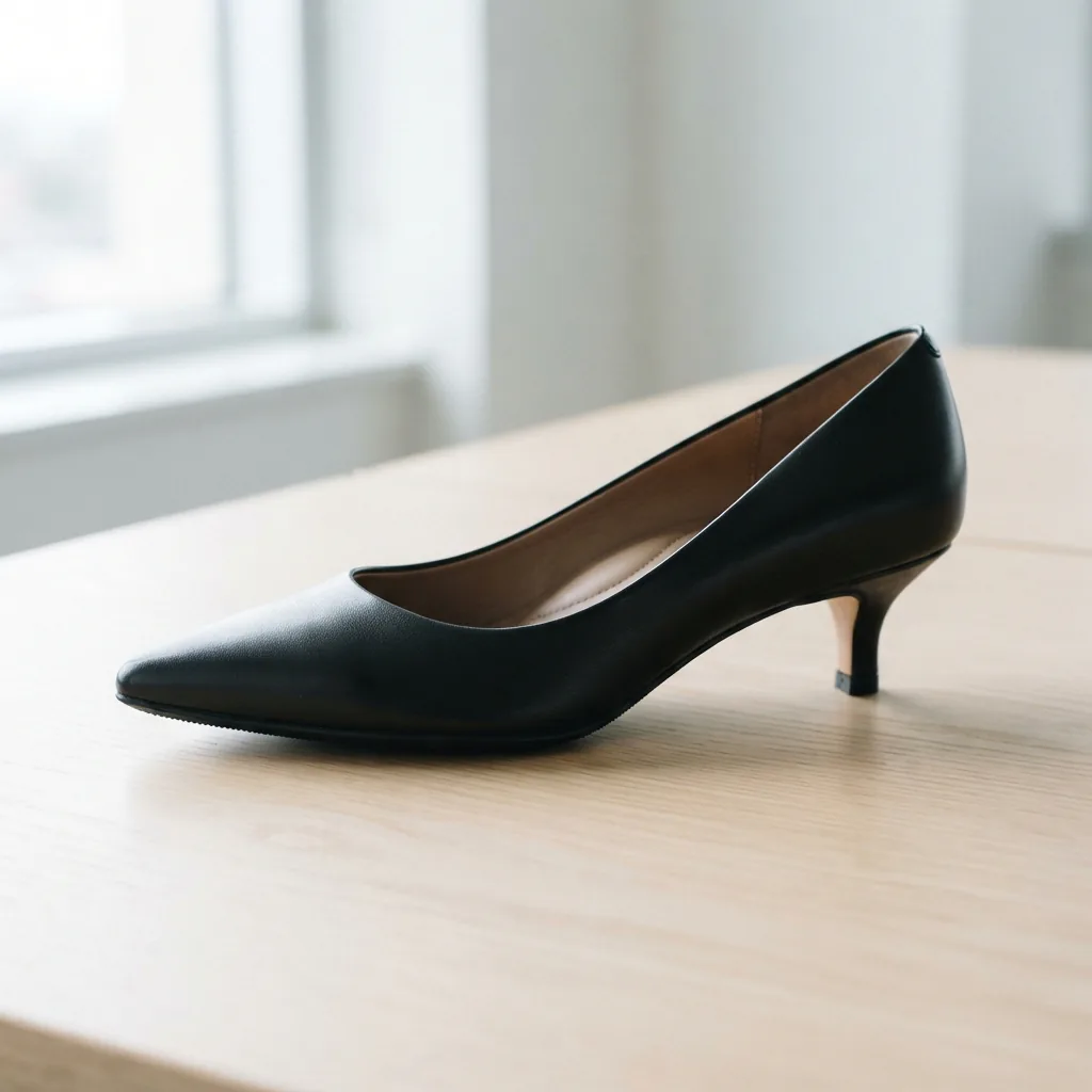 Pointed-toe kitten heel pump on a pale office-style surface