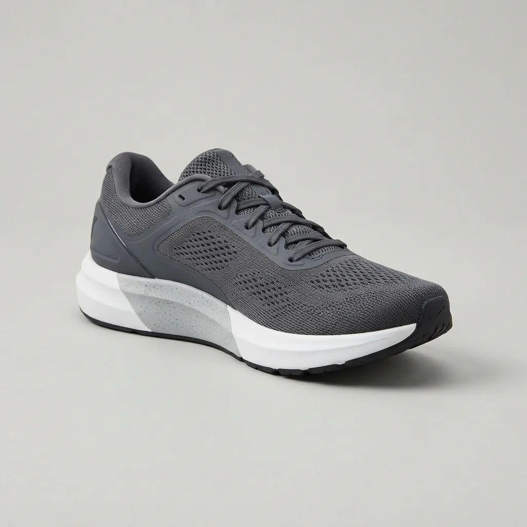 A structured unbranded running shoe with a firm dual-density midsole on a pale surface