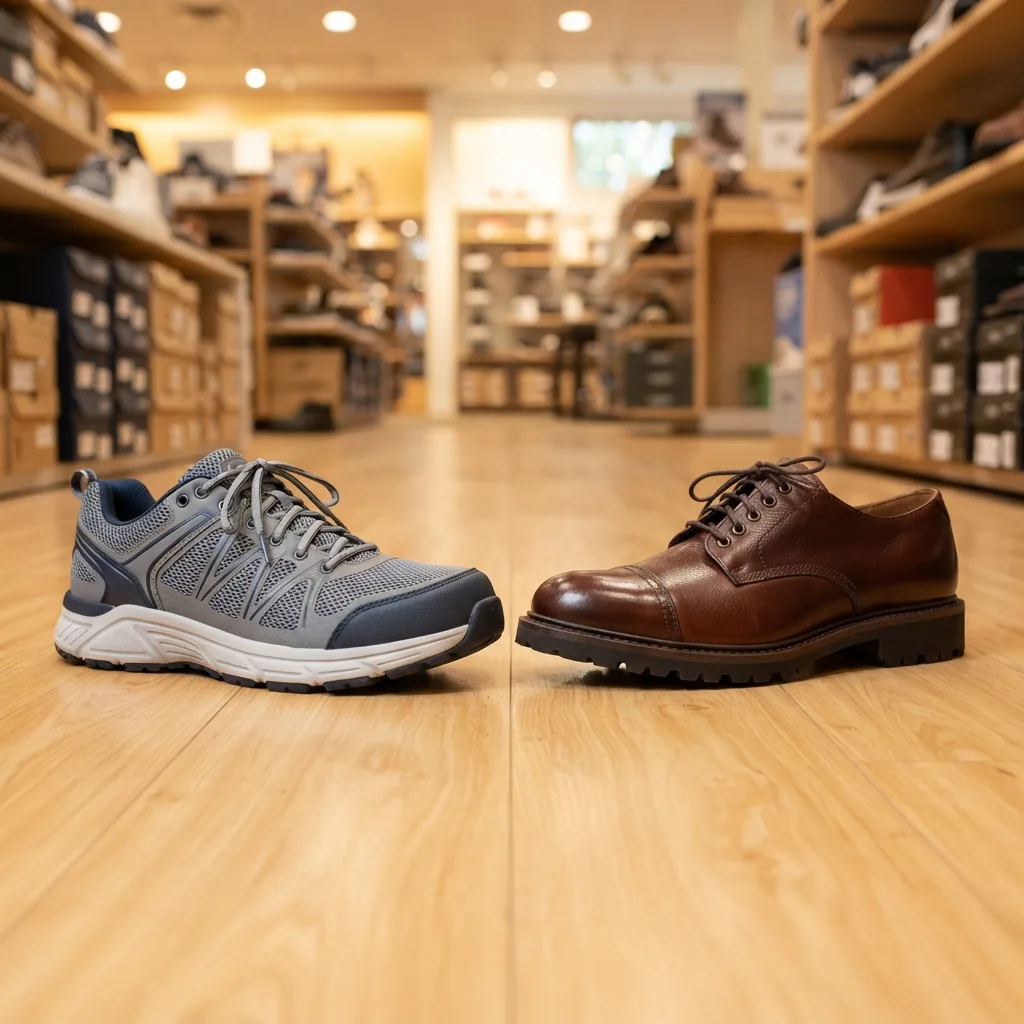 Work sneakers and a leather work oxford on a bright retail store floor