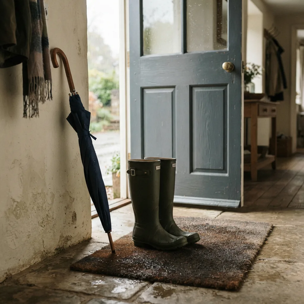 Tall women's rain boots beside a front door with an umbrella leaning nearby