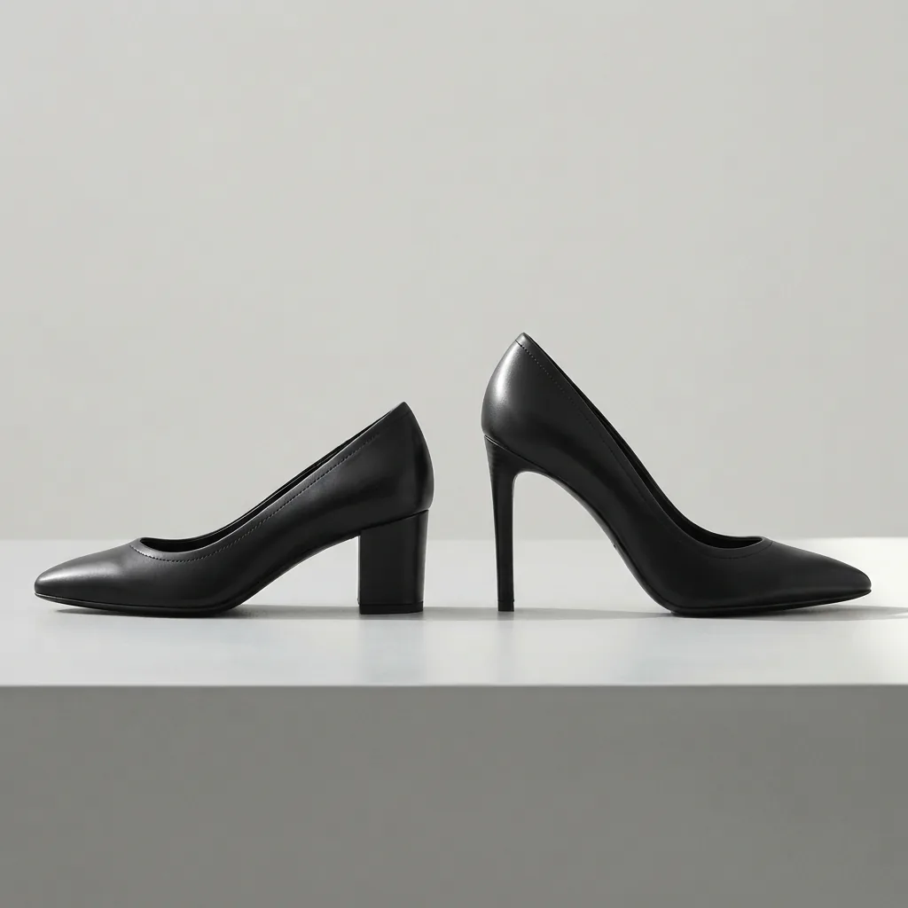 Side-by-side comparison of a low block heel and a tall slim stiletto black pump on a light studio surface