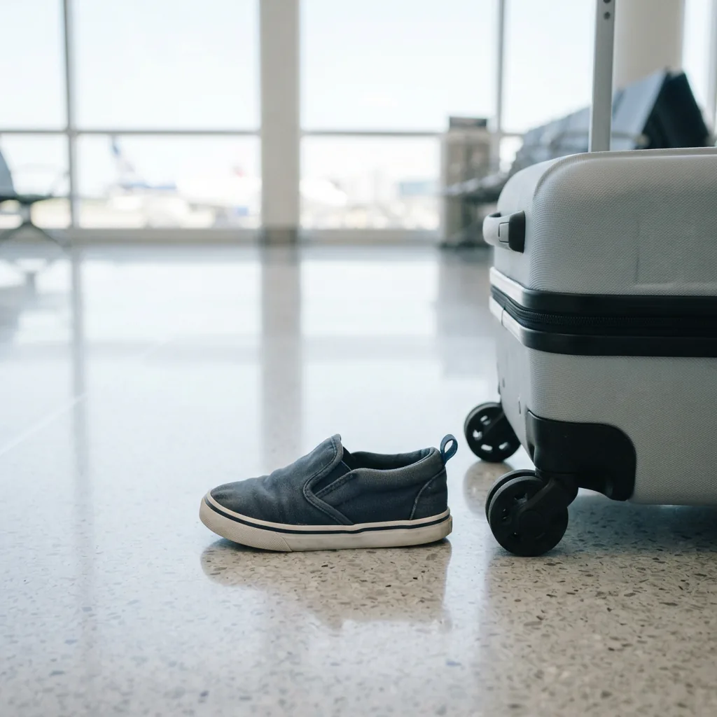 A children's slip-on shoe on a light floor beside the wheel of a small hard-shell suitcase