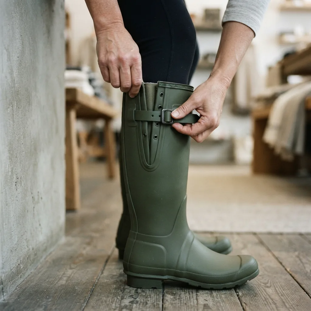 An adult's hands adjusting the back panel of a tall rain boot