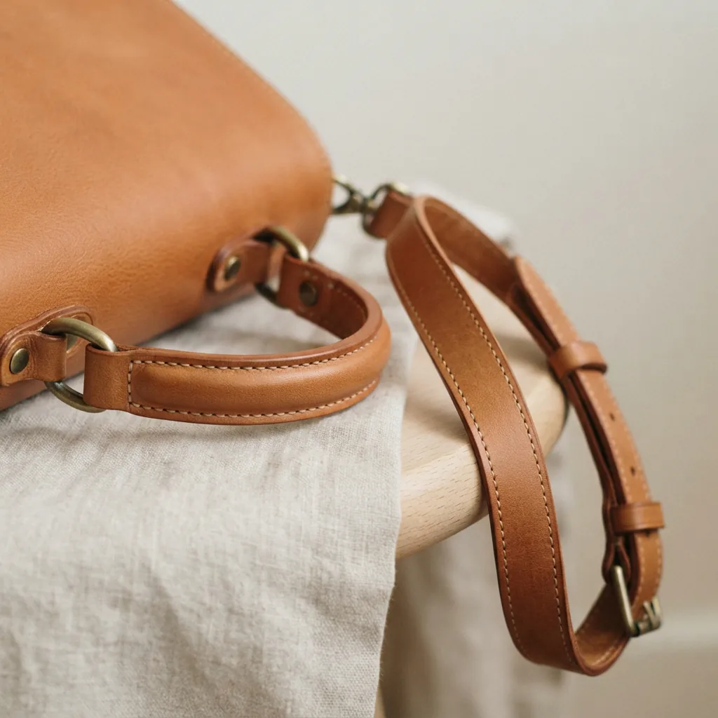 Handbag shoulder straps and top handles shown in detail on a neutral background