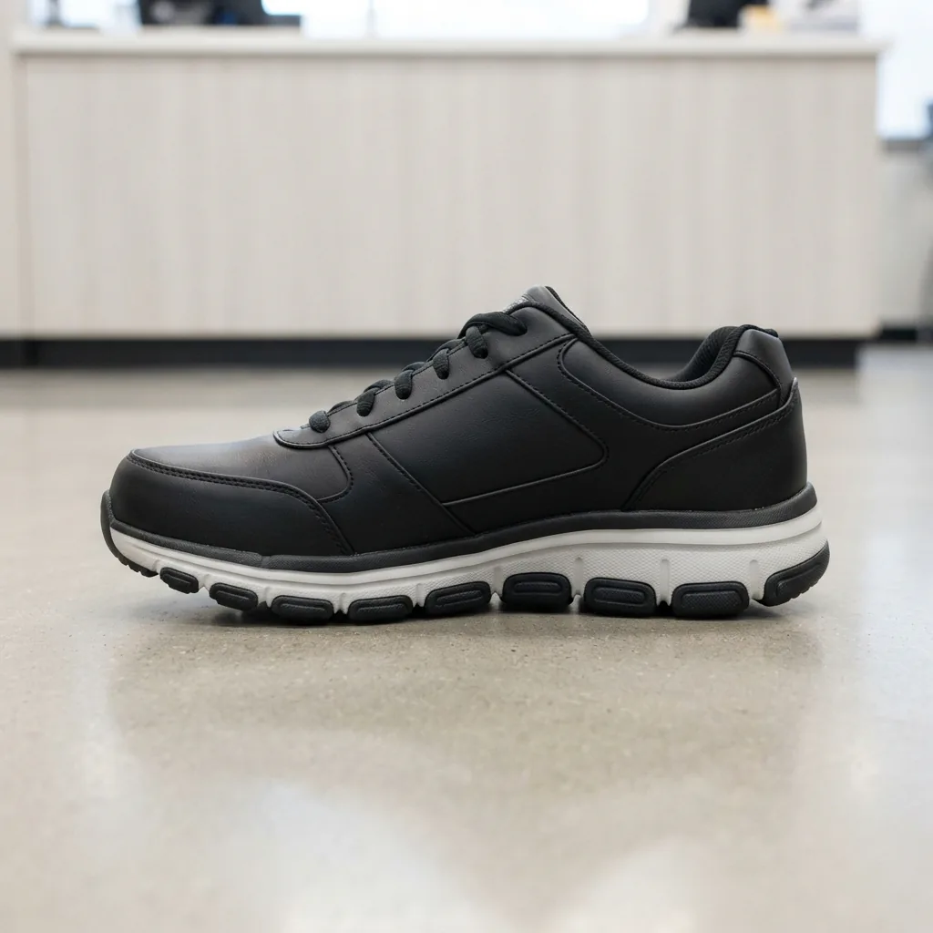 Skechers Work Sure Track slip-resistant work shoes on a polished service counter floor