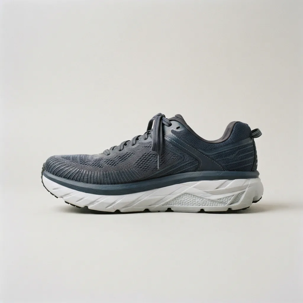 Side profile close-up of a cushioned work sneaker midsole on a plain surface