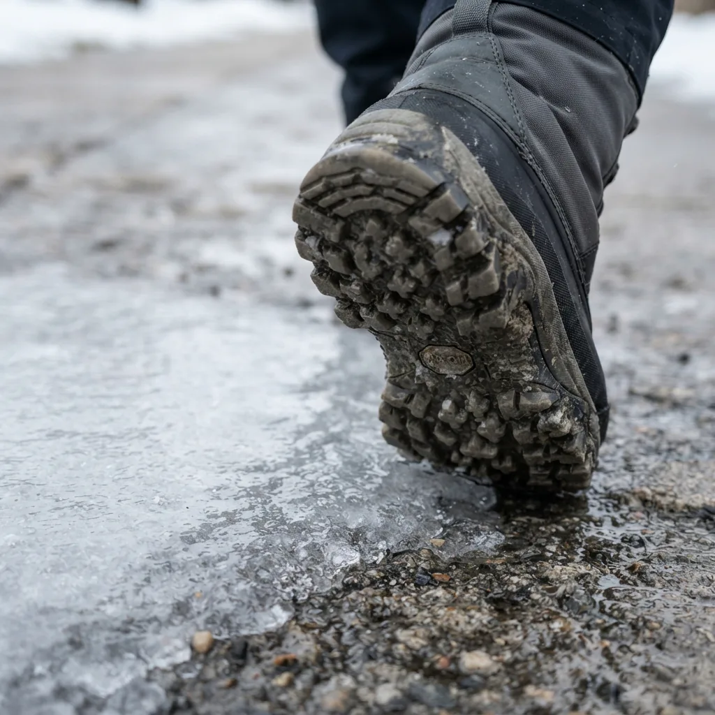 Snow boot outsole pressed onto a patch of glazed ice