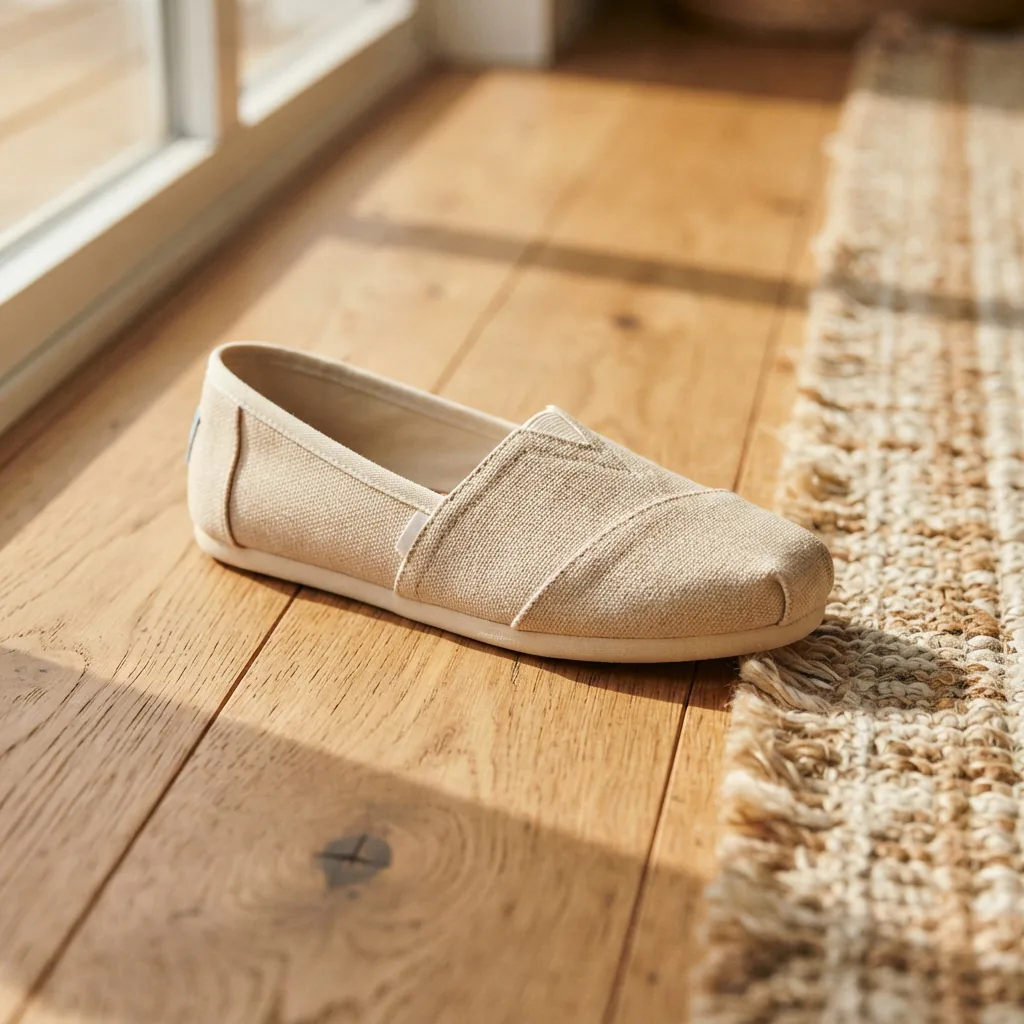 A canvas TOMS Alpargata ballet flat on a sunlit wooden floor near a woven rug
