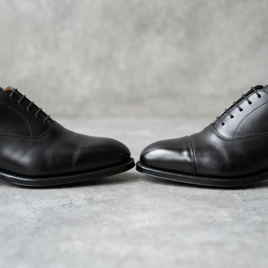 Cap-toe and plain-toe dress shoes lined up for comparison on a gray backdrop