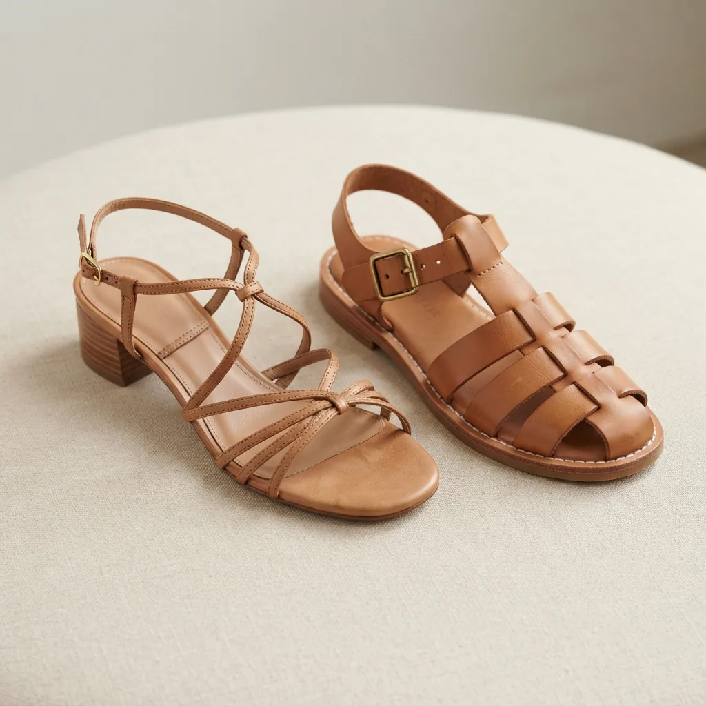 Close view of thin strappy sandal beside an adjustable wide-strap sandal on a neutral backdrop