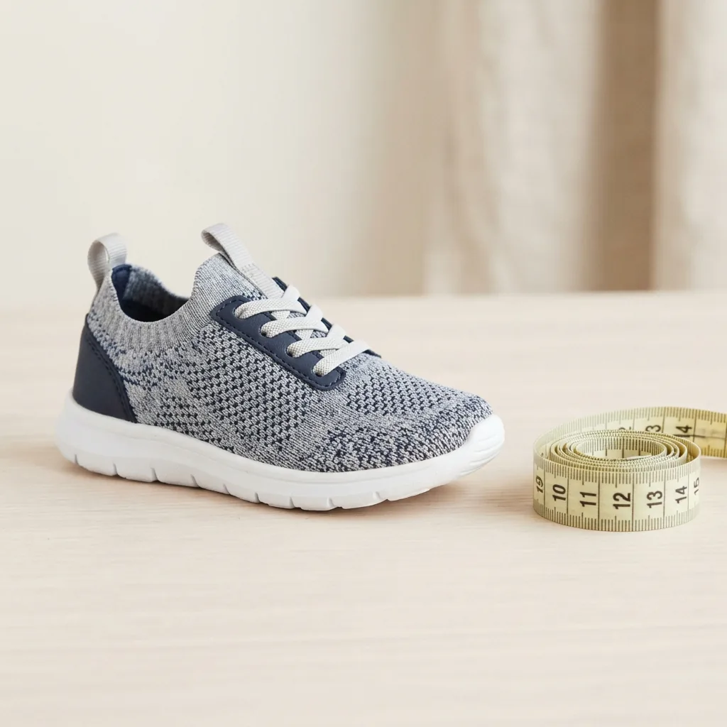 A children's stretch-knit sneaker next to a coiled soft measuring tape on a pale table