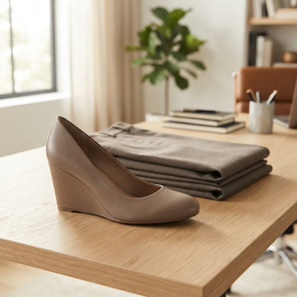 Wedge pump placed beside tailored trousers in a bright office-style setting