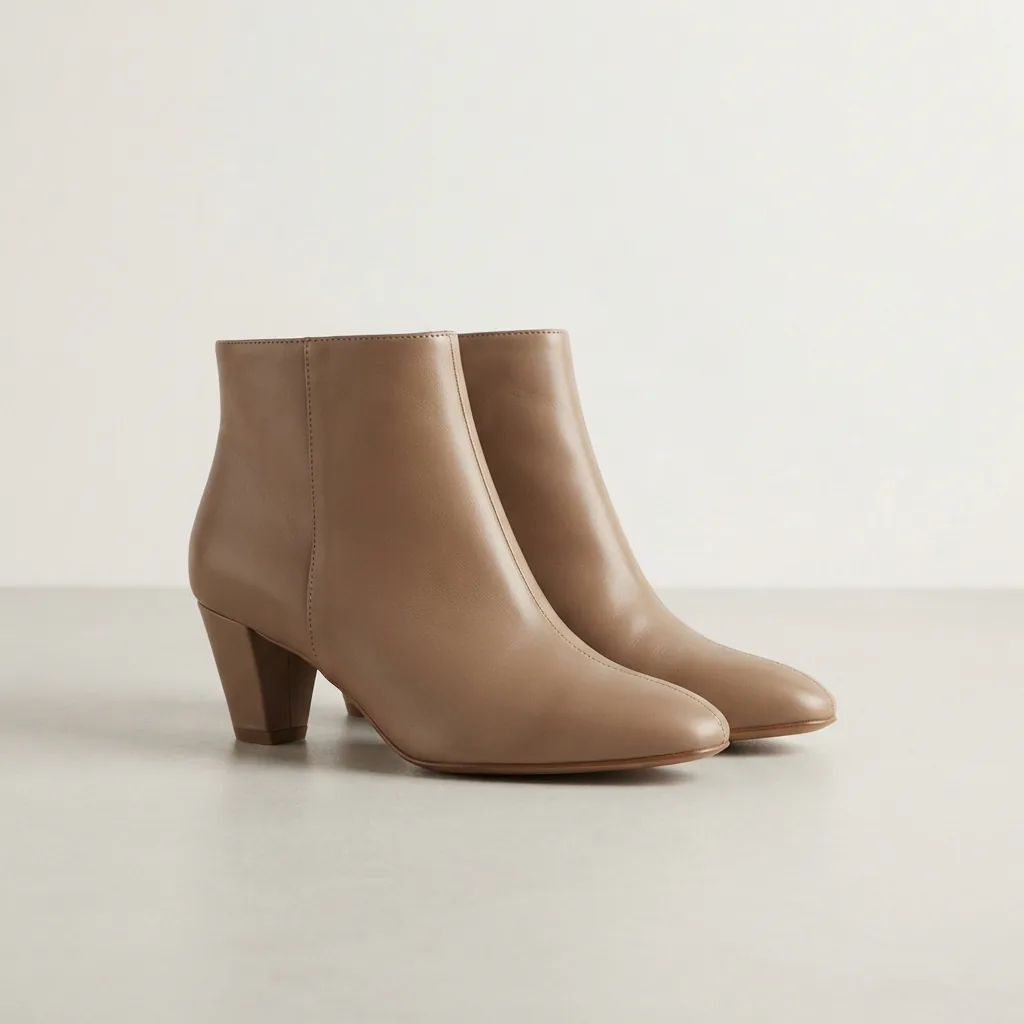 Single pair of chic low-heeled ankle booties in a warm neutral tone on a minimal studio surface