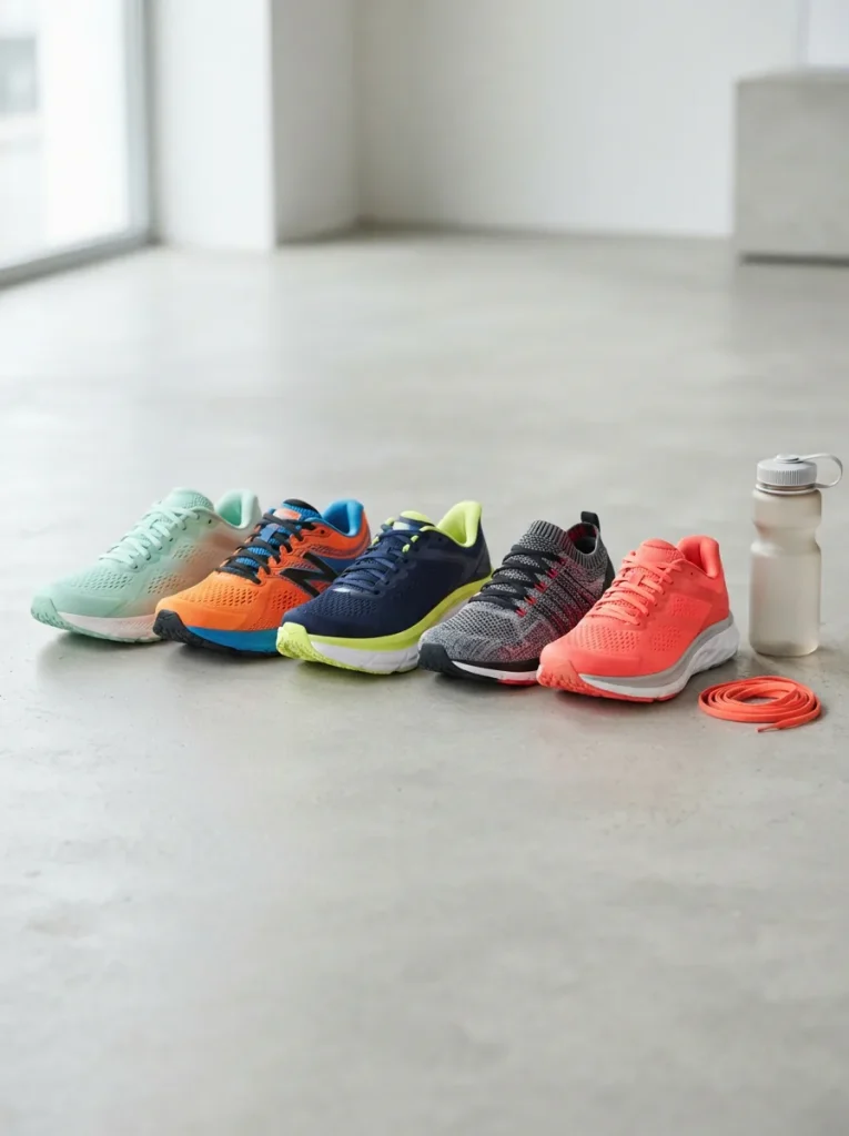 Row of running shoes in mixed colors arranged on a light studio floor