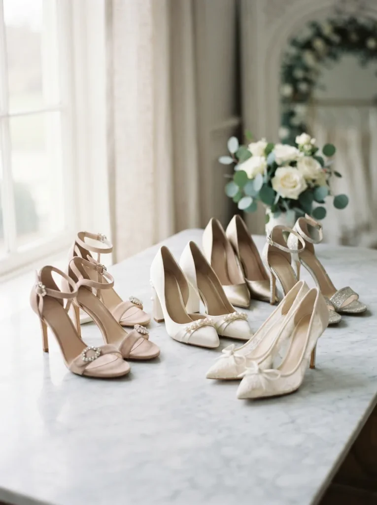 Assortment of women's wedding shoes including heels, sandals and pumps arranged on a pale surface