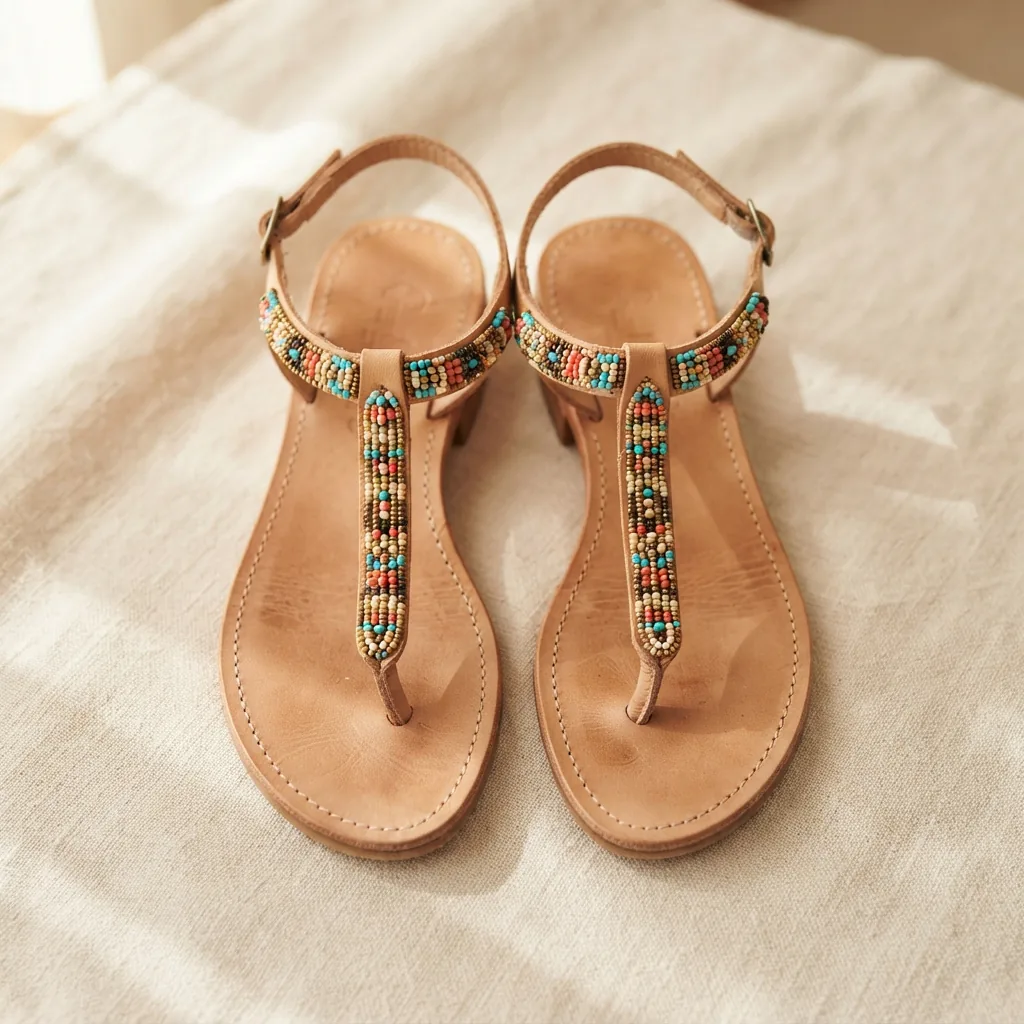 Beaded T-strap sandals for women on a pale linen cloth