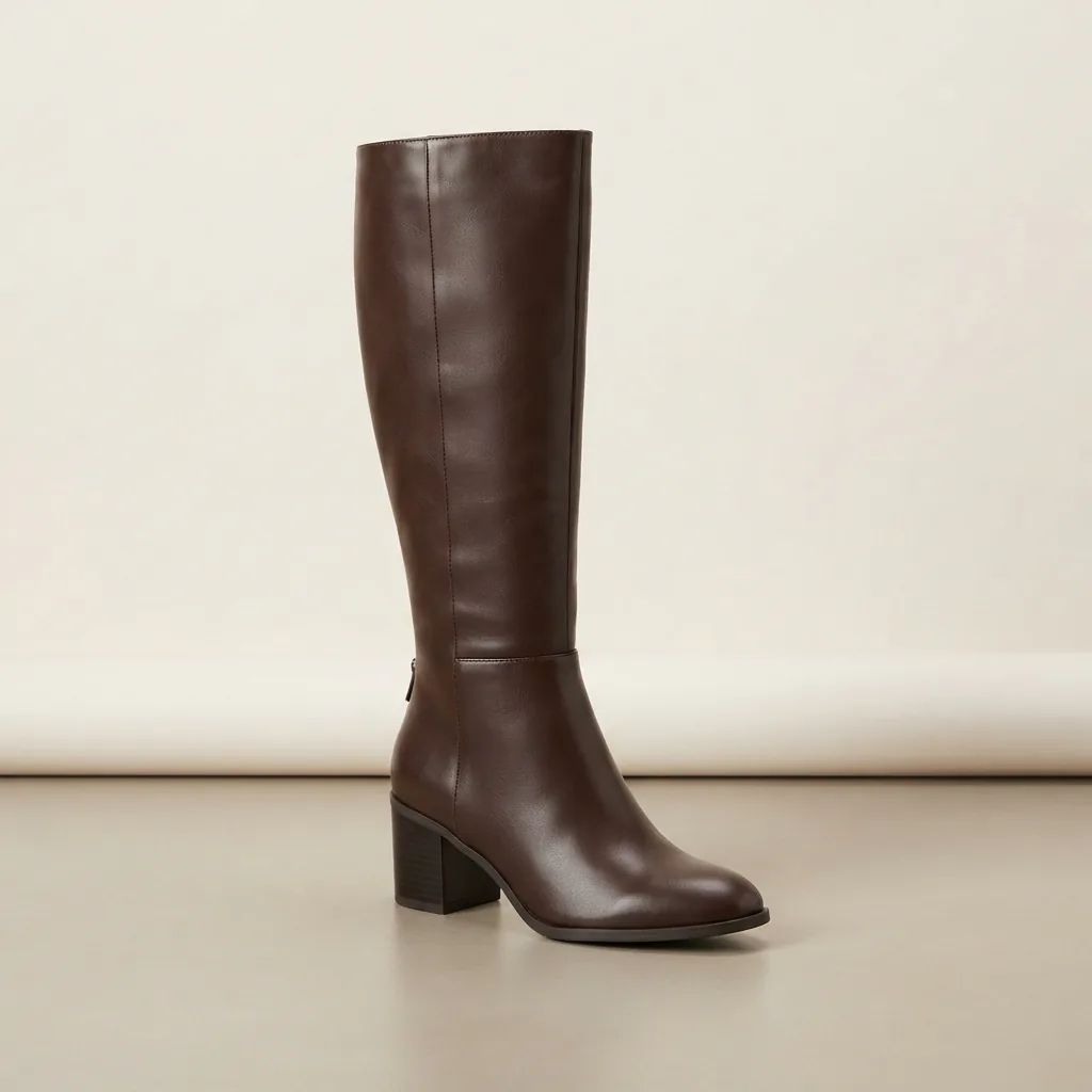 Kelly & Katie Perrin knee high boot with a sleek block heel on a neutral studio floor