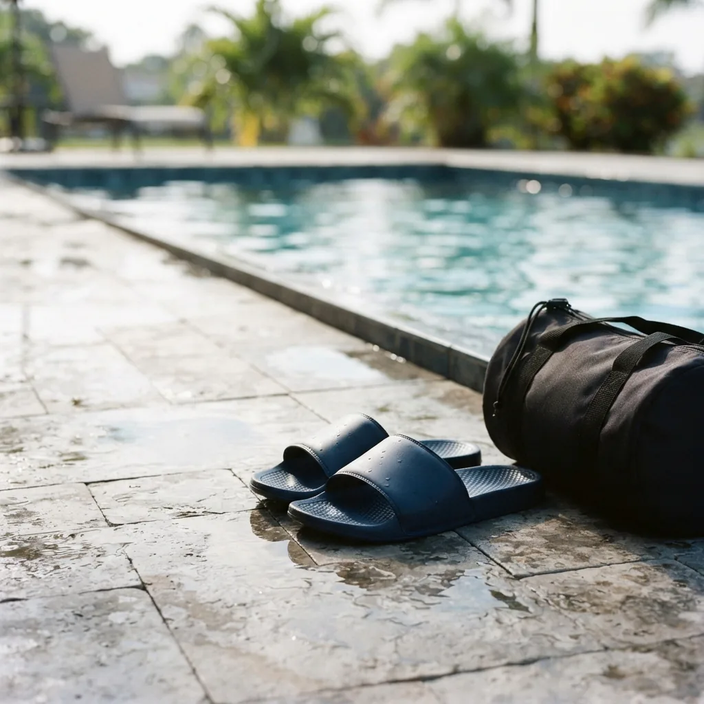 Unbranded slide sandals beside a pool edge and a gym bag on wet tile