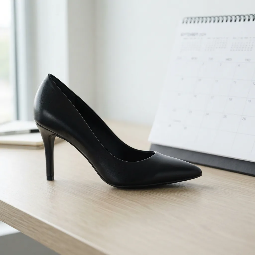 Black pump beside a wall calendar on a light desk surface