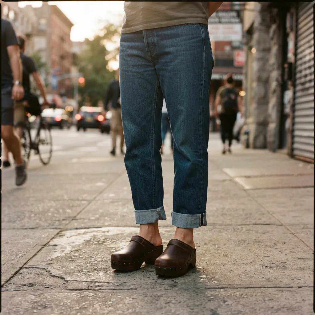 Adult in jeans and a platform clog posing on a city sidewalk