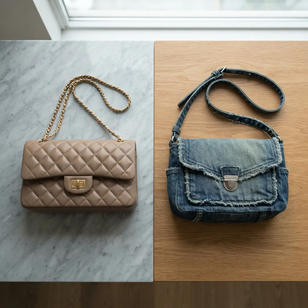 Quilted crossbody bag with a chain strap next to a washed denim crossbody bag on a marble and wood surface.