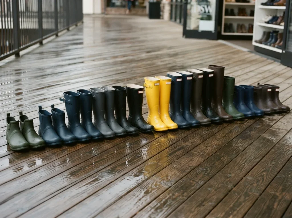 A row of rain boots in different heights lined up on a wet wooden deck