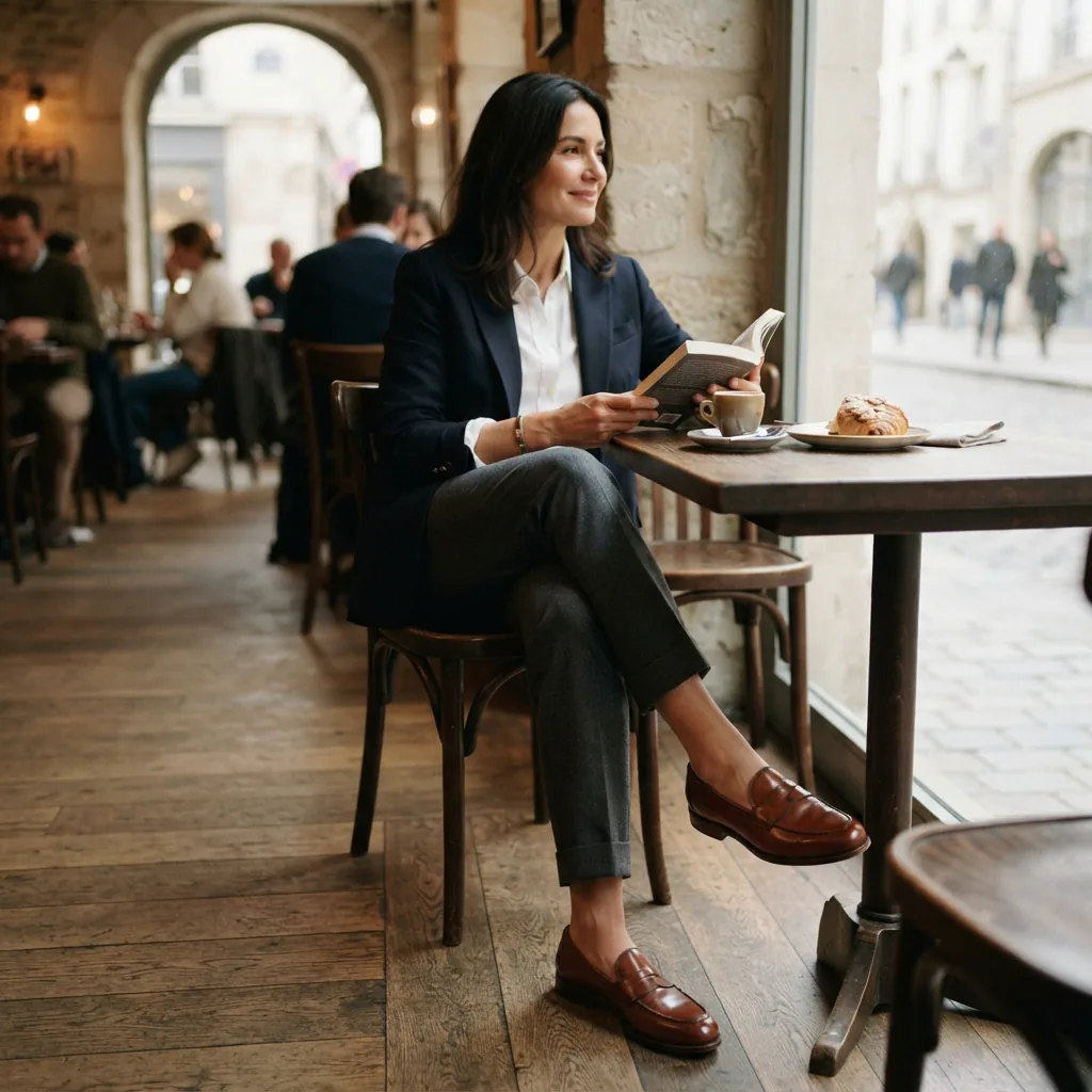 Loafers worn with tailored trousers at a cafe table with a place setting nearby