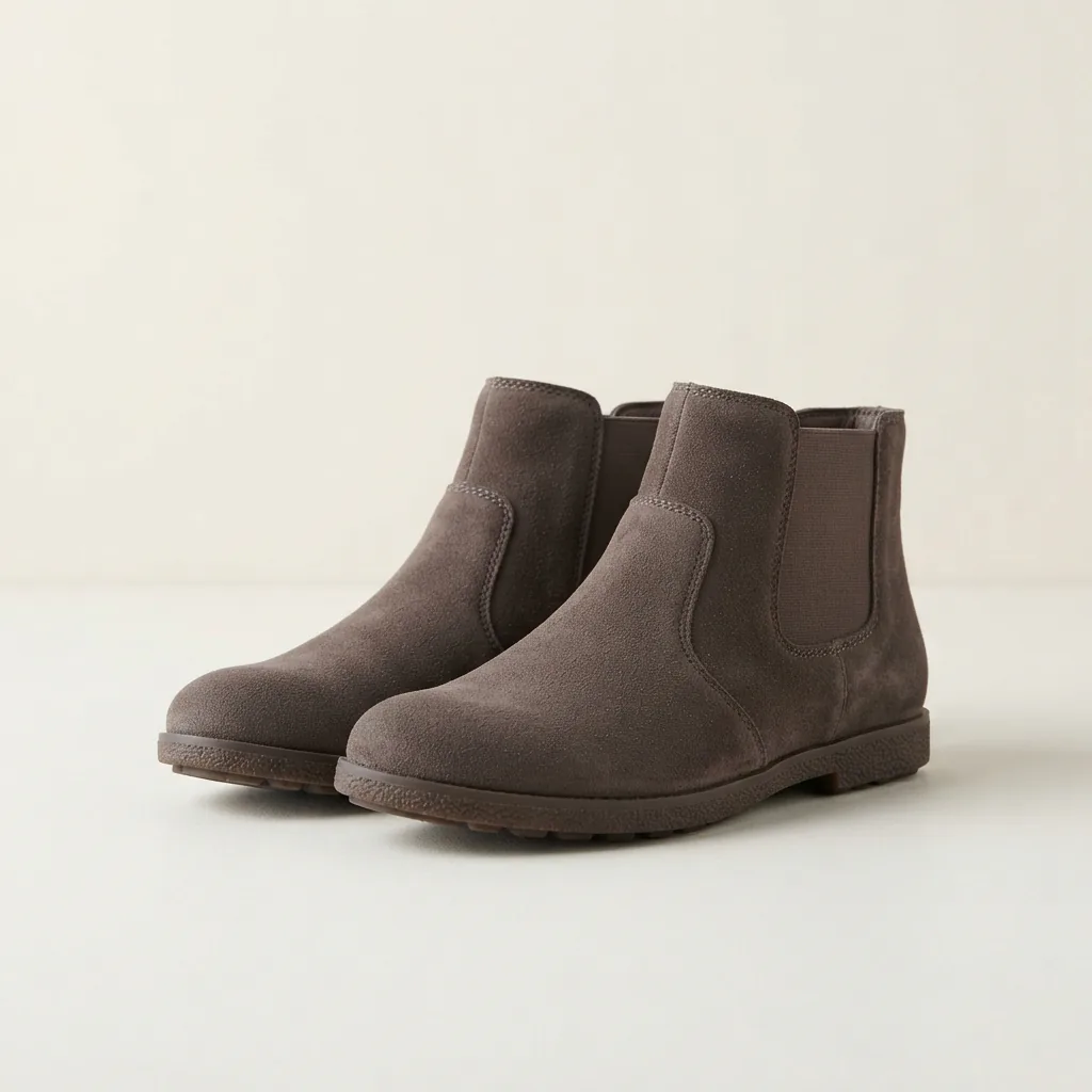 A pair of flat-soled ankle booties standing on a light studio surface