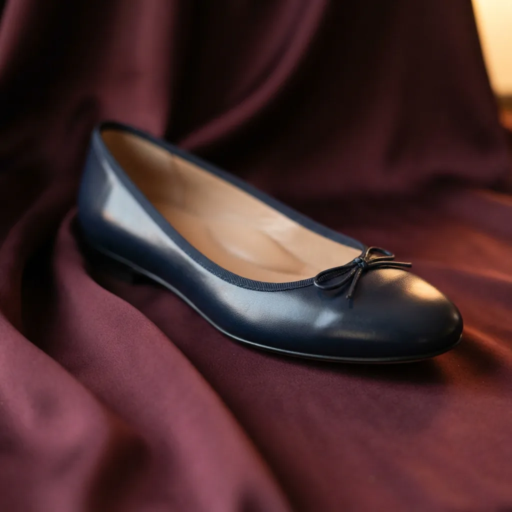 A polished ballet flat on a satin-like fabric in warm evening light