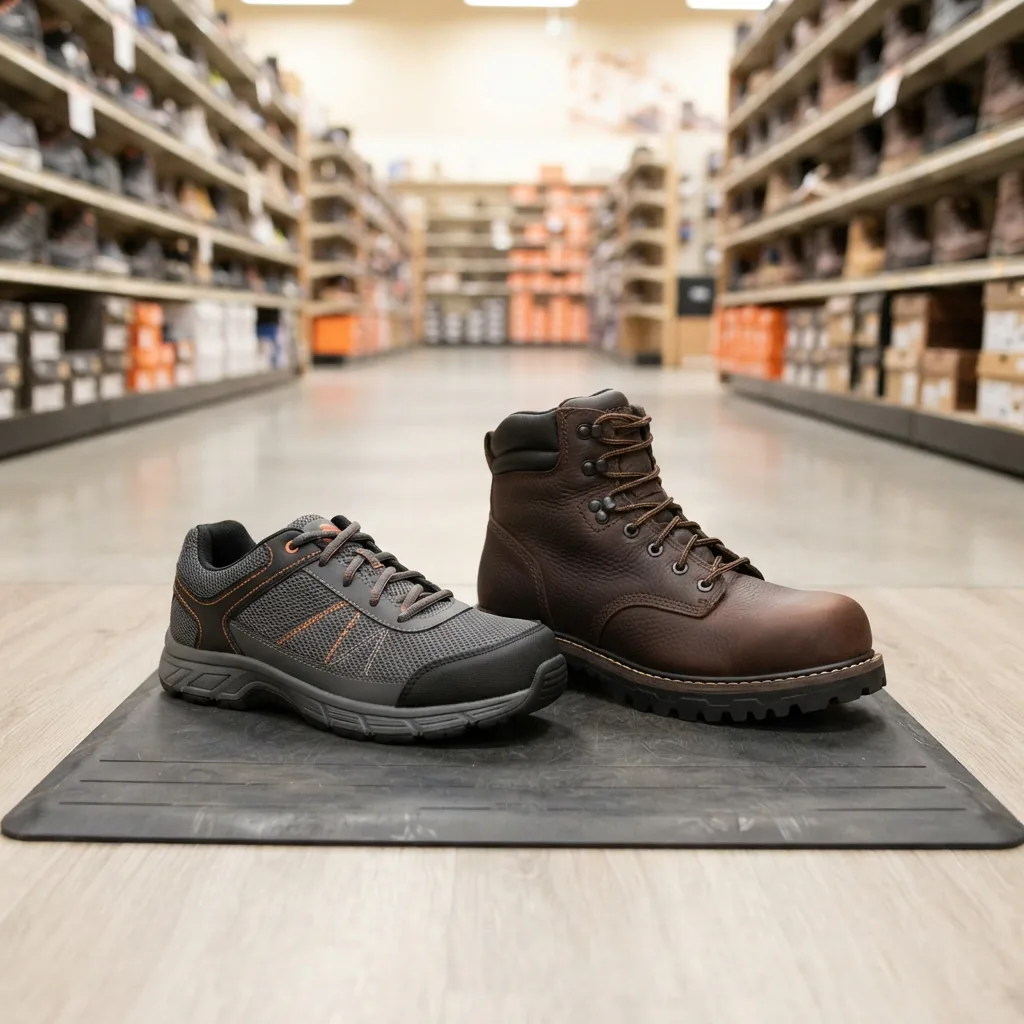 A work sneaker and a work boot sitting side by side on a sizing mat in a shoe store aisle