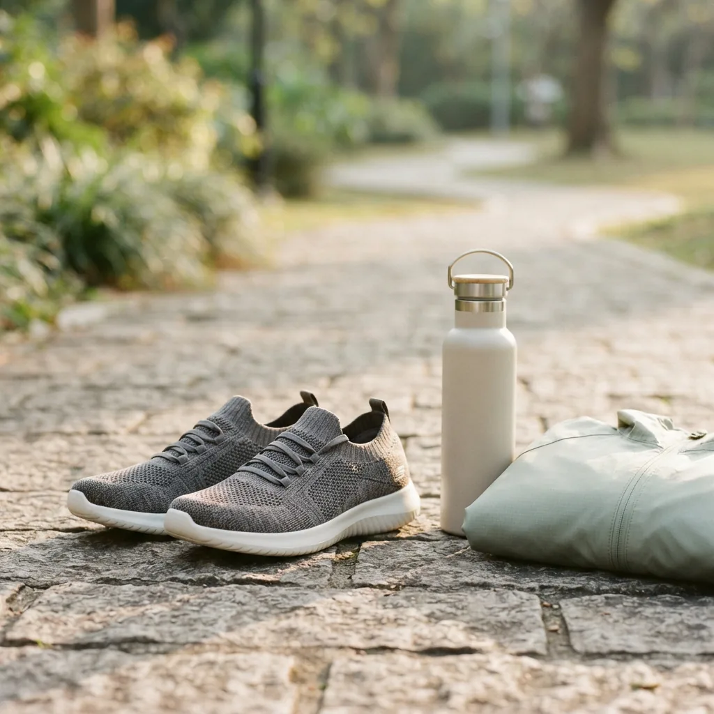 Stretch-knit walking slip-on shoes on a paved path beside a water bottle