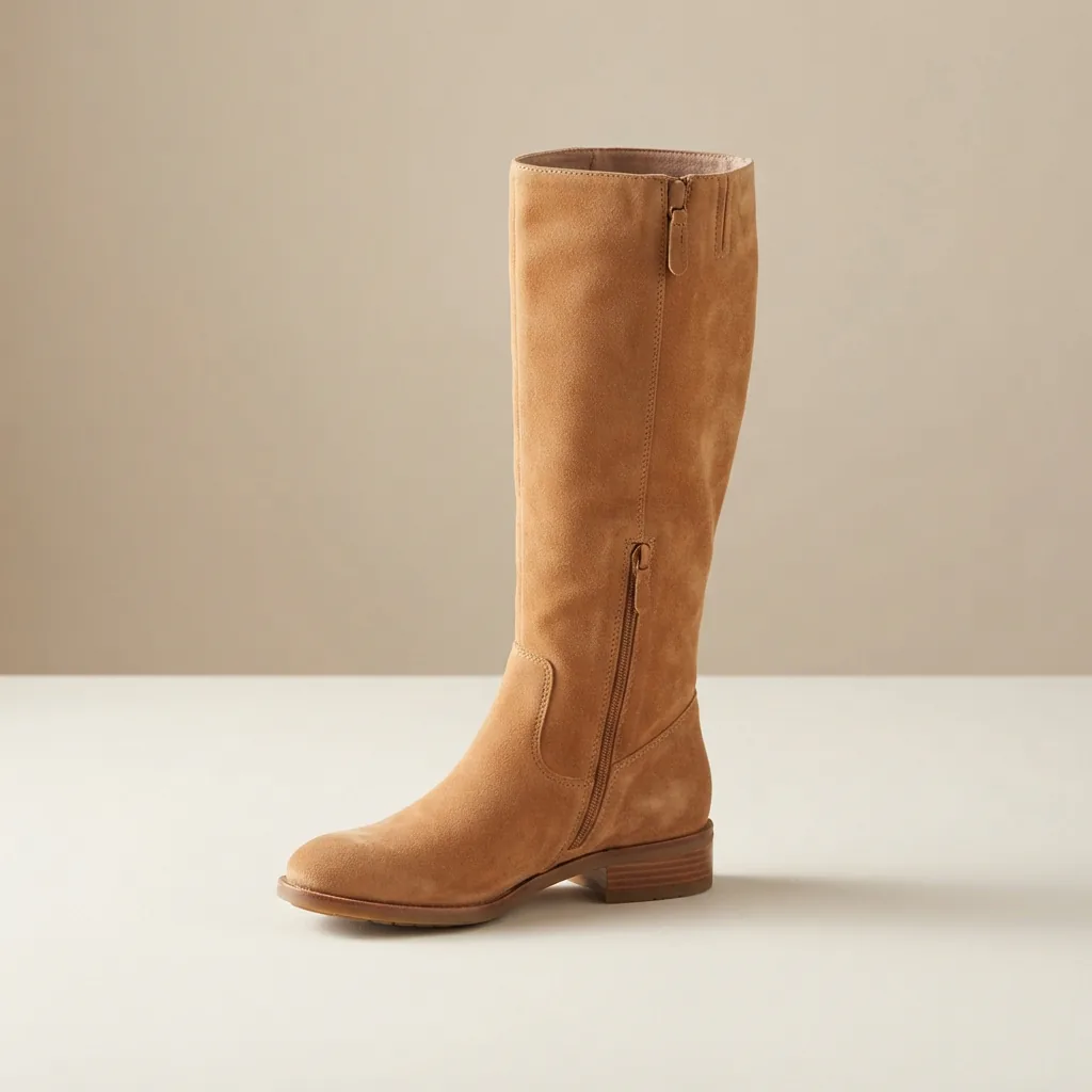 Soft suede knee high boot in warm tan standing on a light studio surface