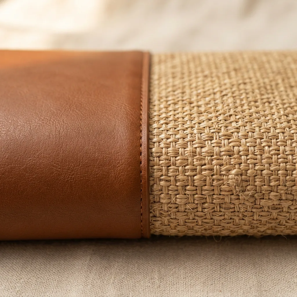 Close-up of smooth faux leather and woven handbag materials side by side showing texture differences