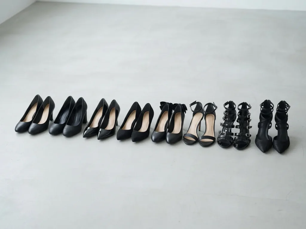 Row of assorted black heels grouped by style on a light studio floor