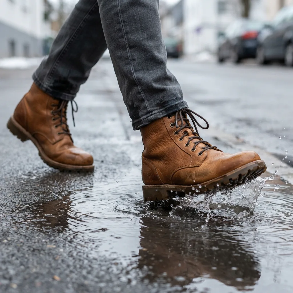 Adult man's waterproof leather boots stepping through a shallow puddle on a wet winter street
