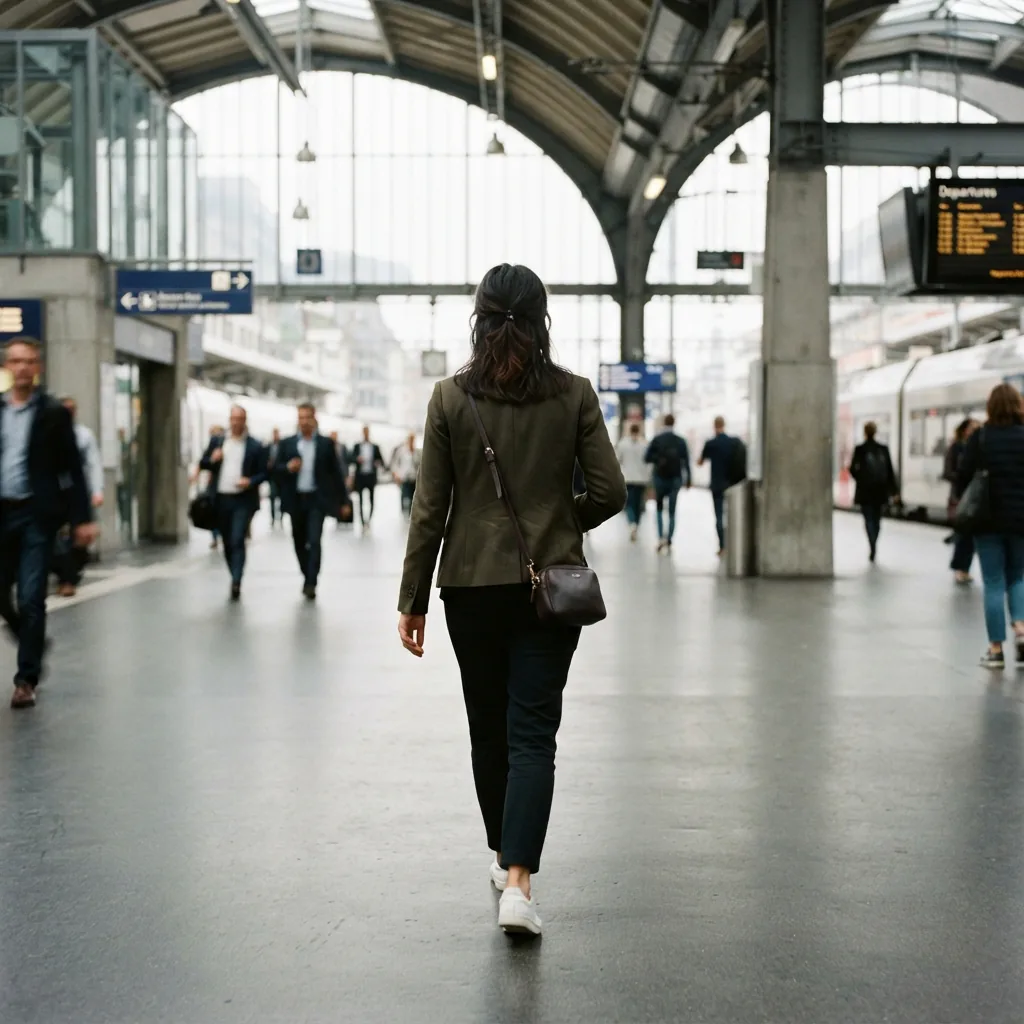 Commuter wearing a crossbody bag while walking through a station concourse