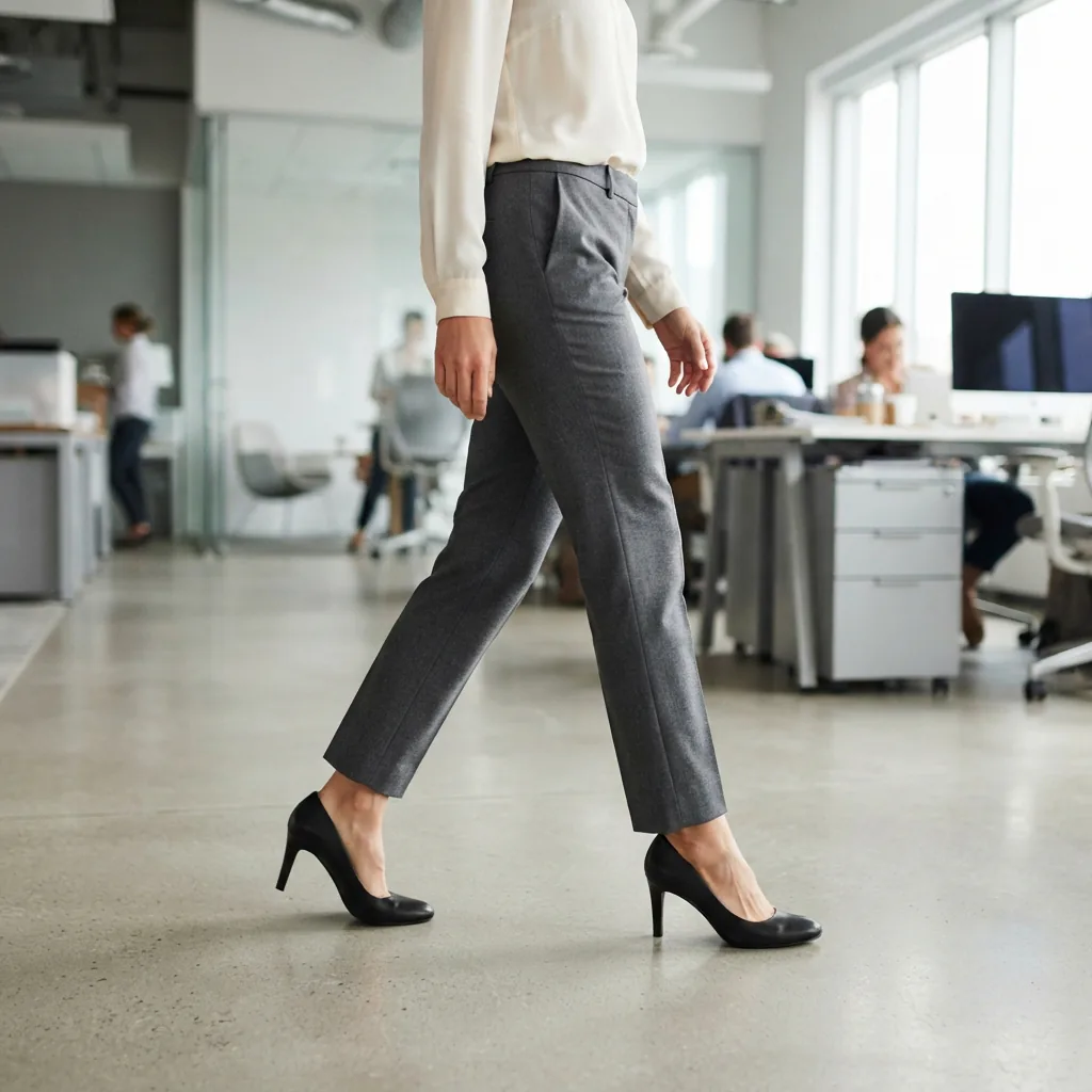 Professional in tailored trousers and high heels walking through a bright office