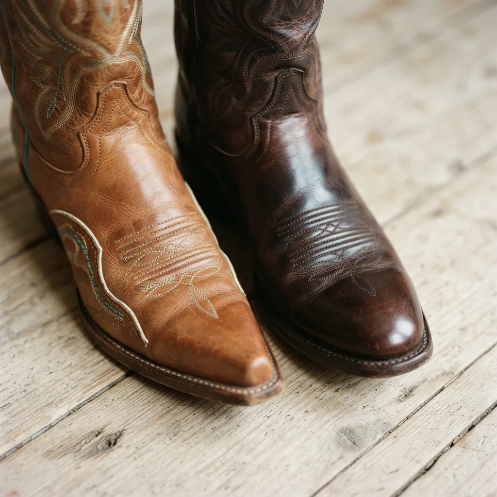 Pointed-toe and rounded-toe cowboy boot fronts aligned on a light surface