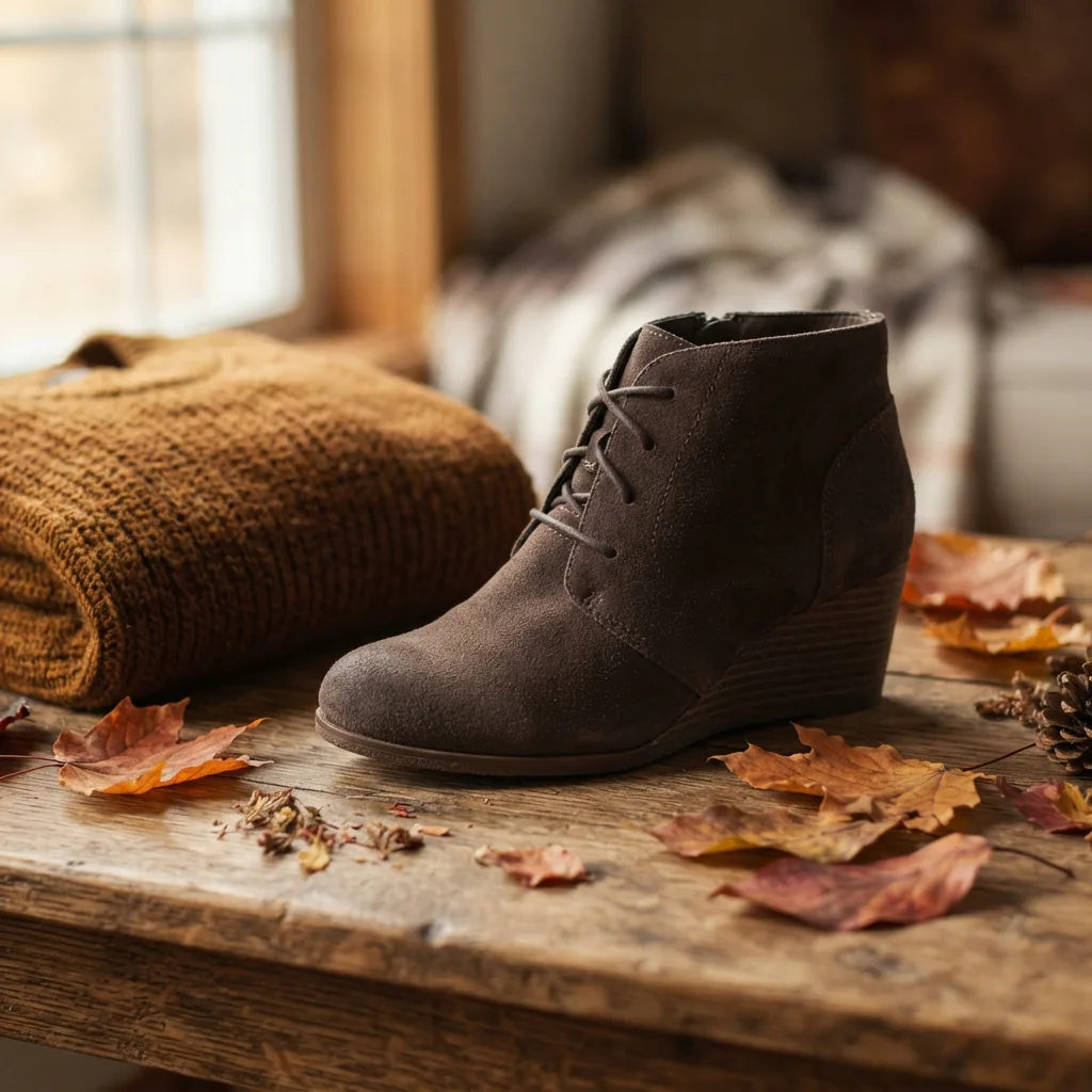 Wedge bootie beside a knit sweater and fallen leaves in an autumn-toned setting