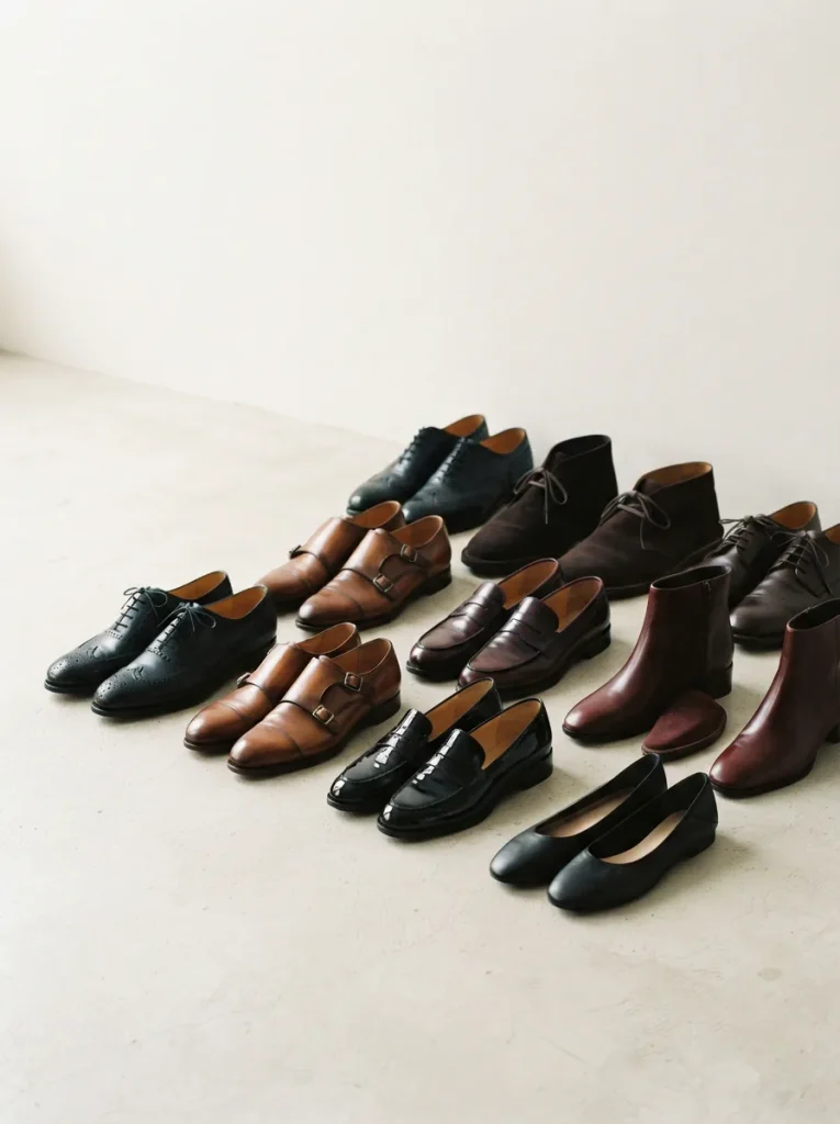 Assortment of men's and women's dress shoes arranged on a light studio surface