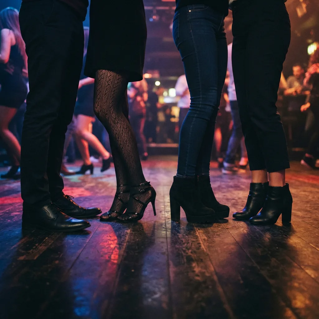 Group of friends in heeled shoes standing on a dance floor at night