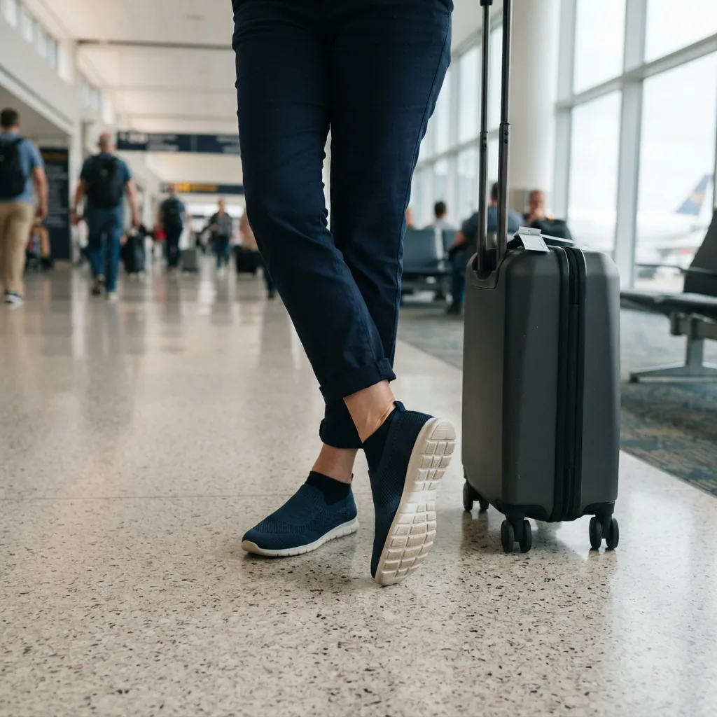 Flexible loafers beside a rolling carry-on bag on an airport concourse floor