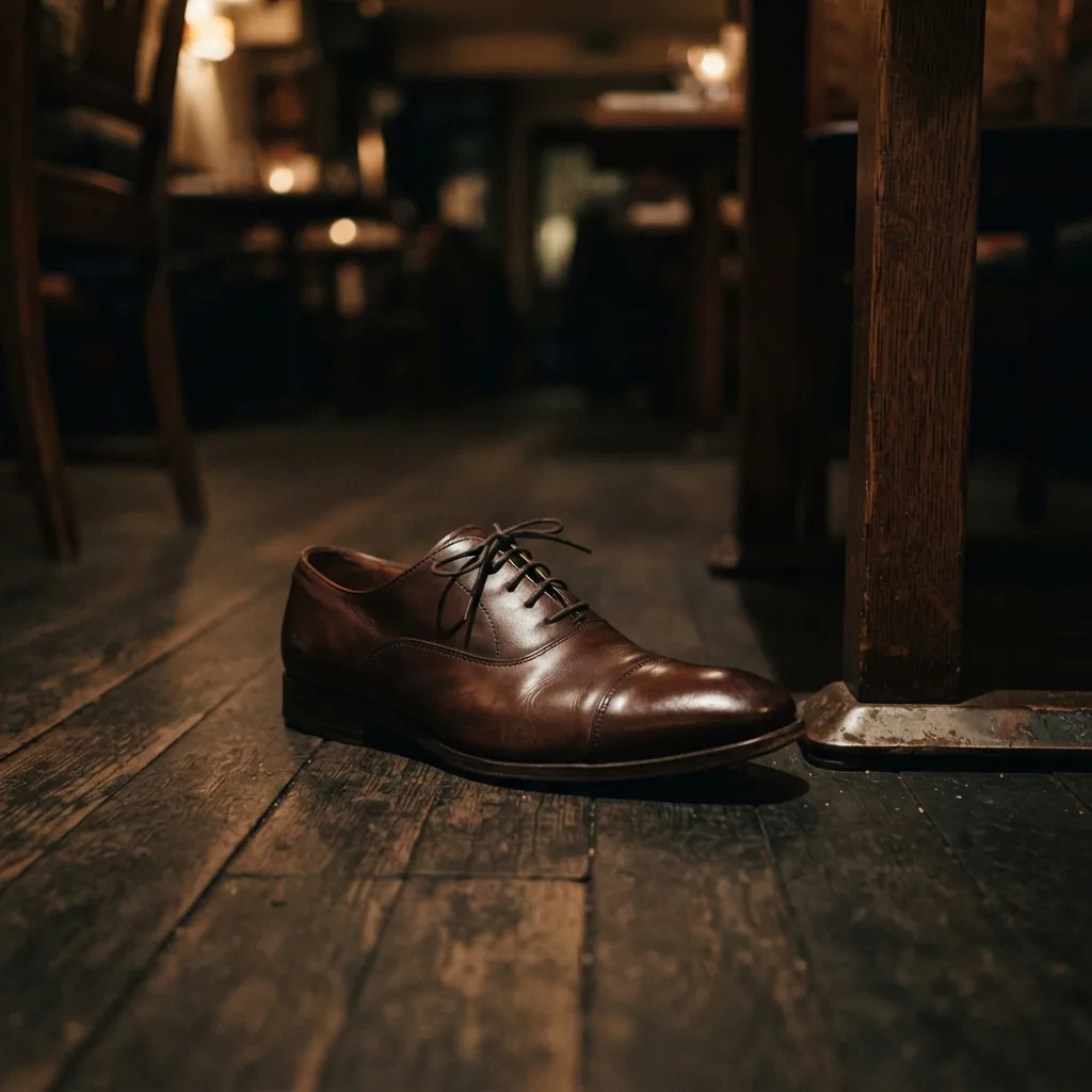 Semi-formal dress shoe on a restaurant floor beside a table leg