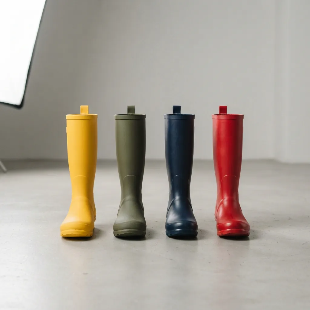 A row of rain boots in different colors lined up on a light studio floor