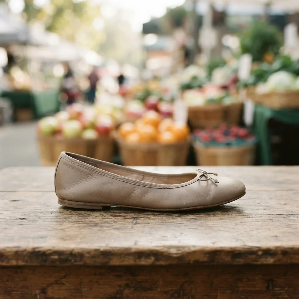 A casual ballet flat on a market stall table with produce baskets in the background